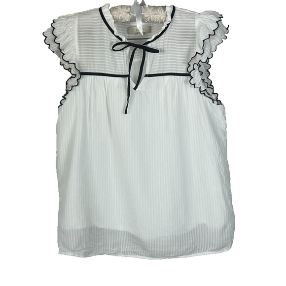 Loft Blouse Top Womens Size M White Ruffle Sleeve Black Trim Tie Front Overlay - Picture 1 of 10